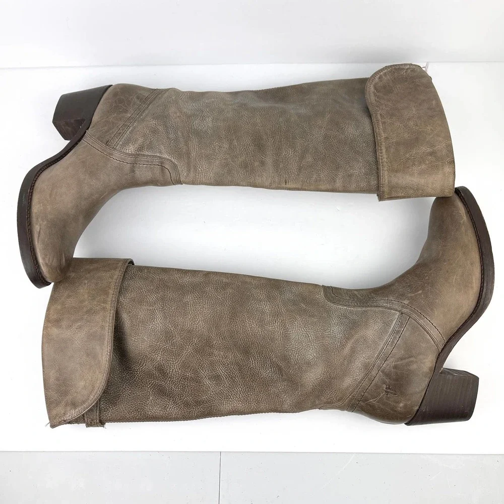 FRYE Jane Tall Cuffed Leather Boot 7.5 Taupe Brown Gray - Picture 4 of 14